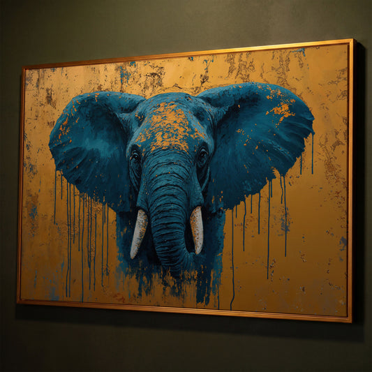 Blue Elephant Canvas Art with Drip Paint Detail shown in antique gold floating frame