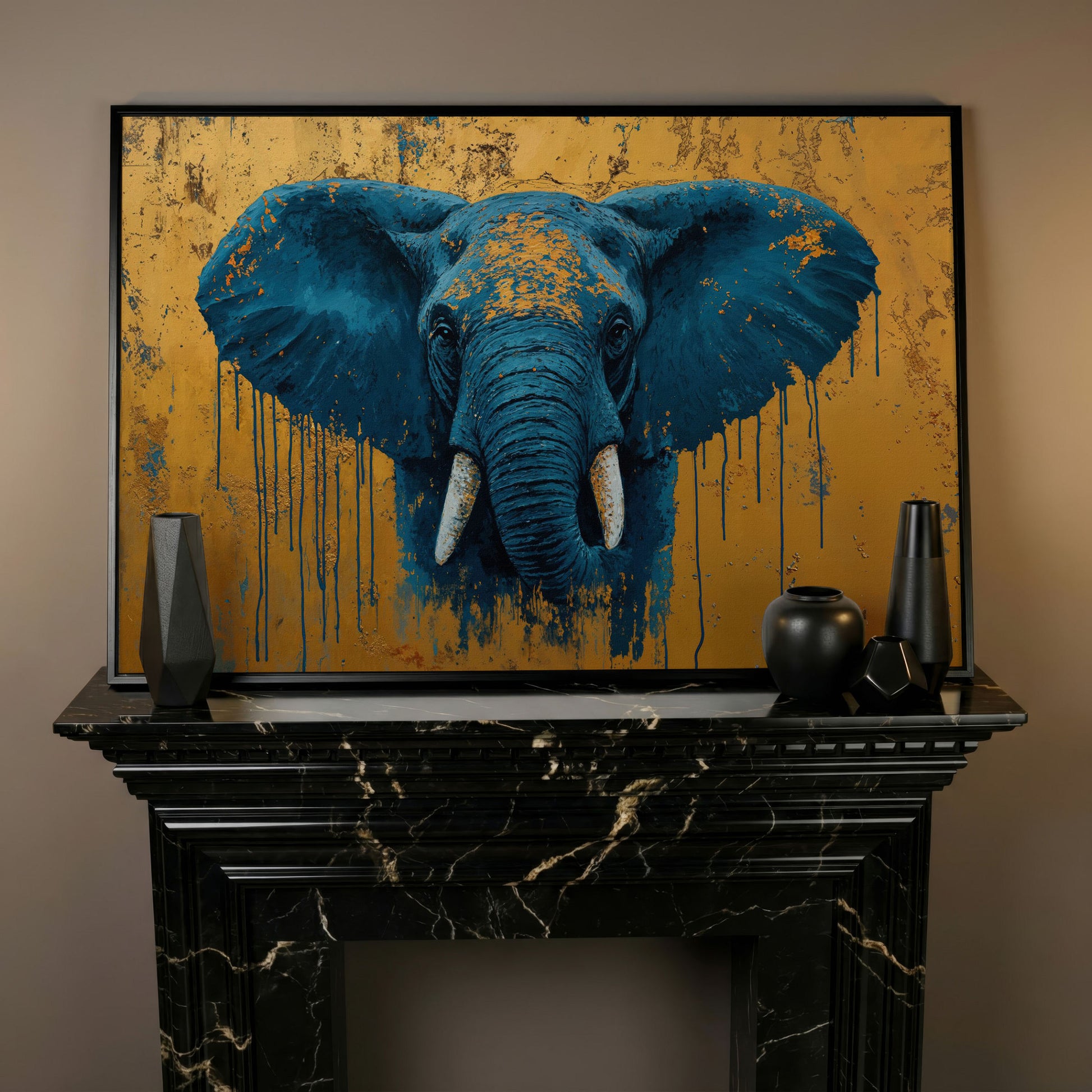 Blue Elephant Canvas Art with Drip Paint Detail in black floating frame