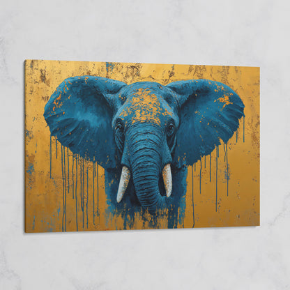 Blue Elephant Canvas Art with Drip Paint Detail on gallery wrap