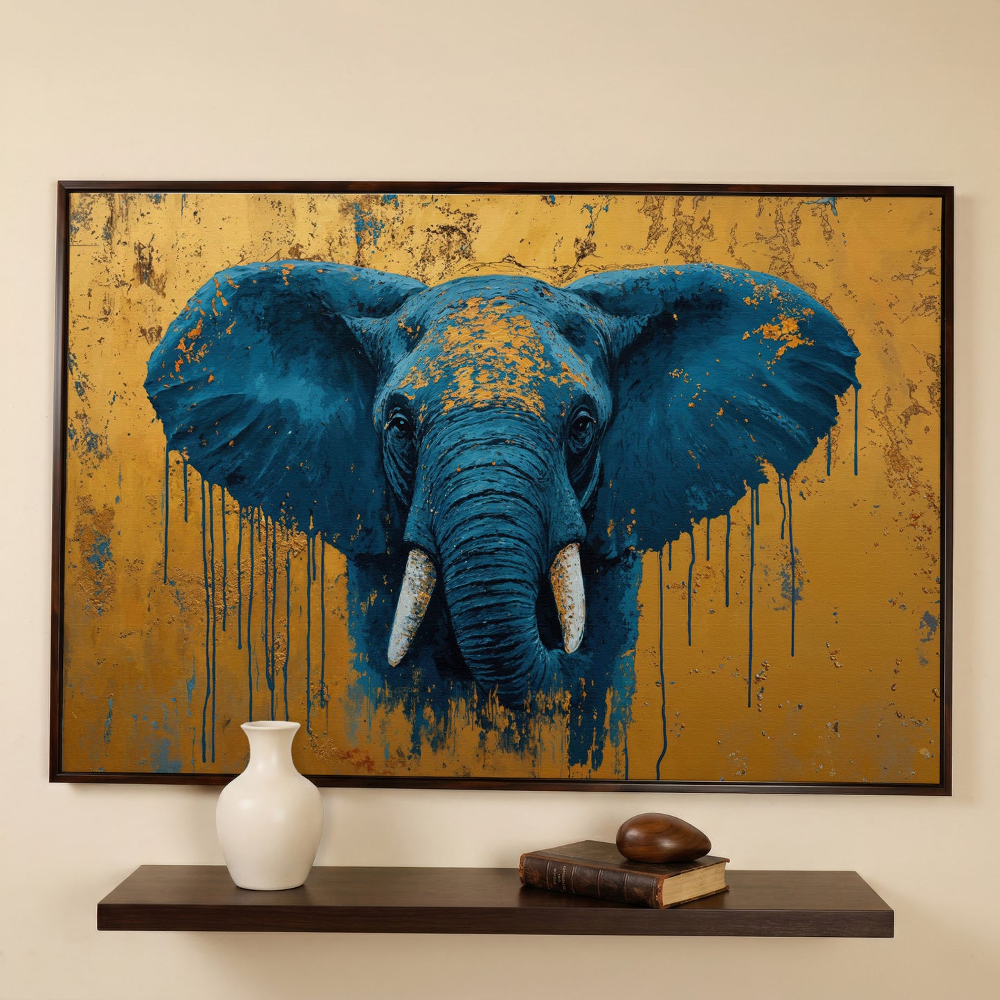Blue Elephant Canvas Art with Drip Paint Detail in dark walnut floating frame