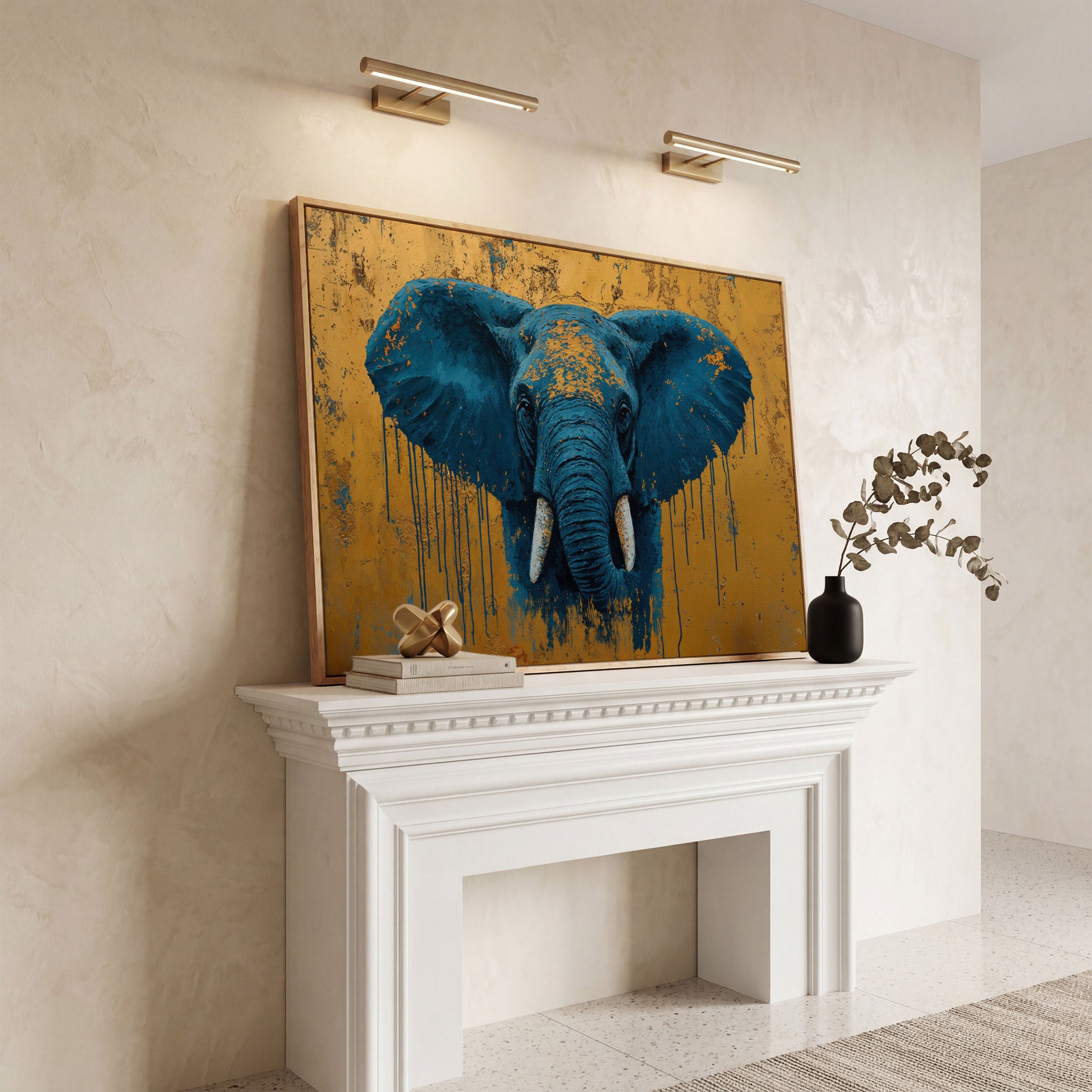 Blue Elephant Canvas Art with Drip Paint Detail in white oak floating frame