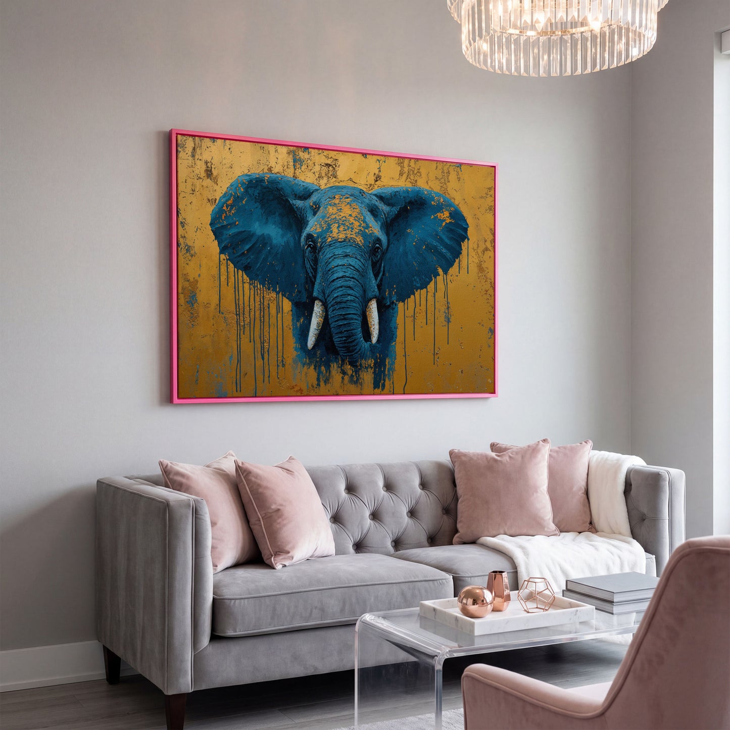 Blue Elephant Canvas Art with Drip Paint Detail in pink floating frame