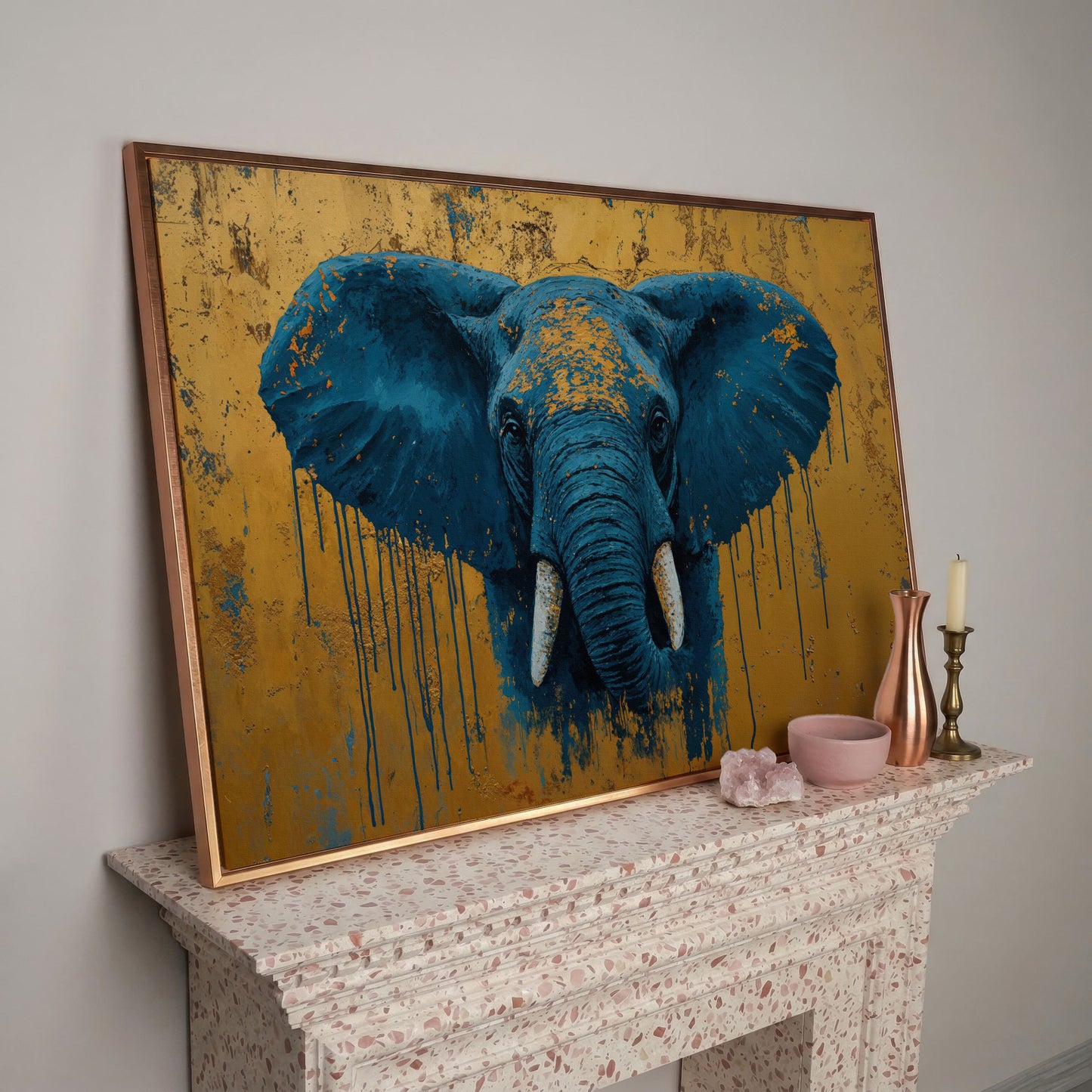 Blue Elephant Canvas Art with Drip Paint Detail in rose gold floating frame