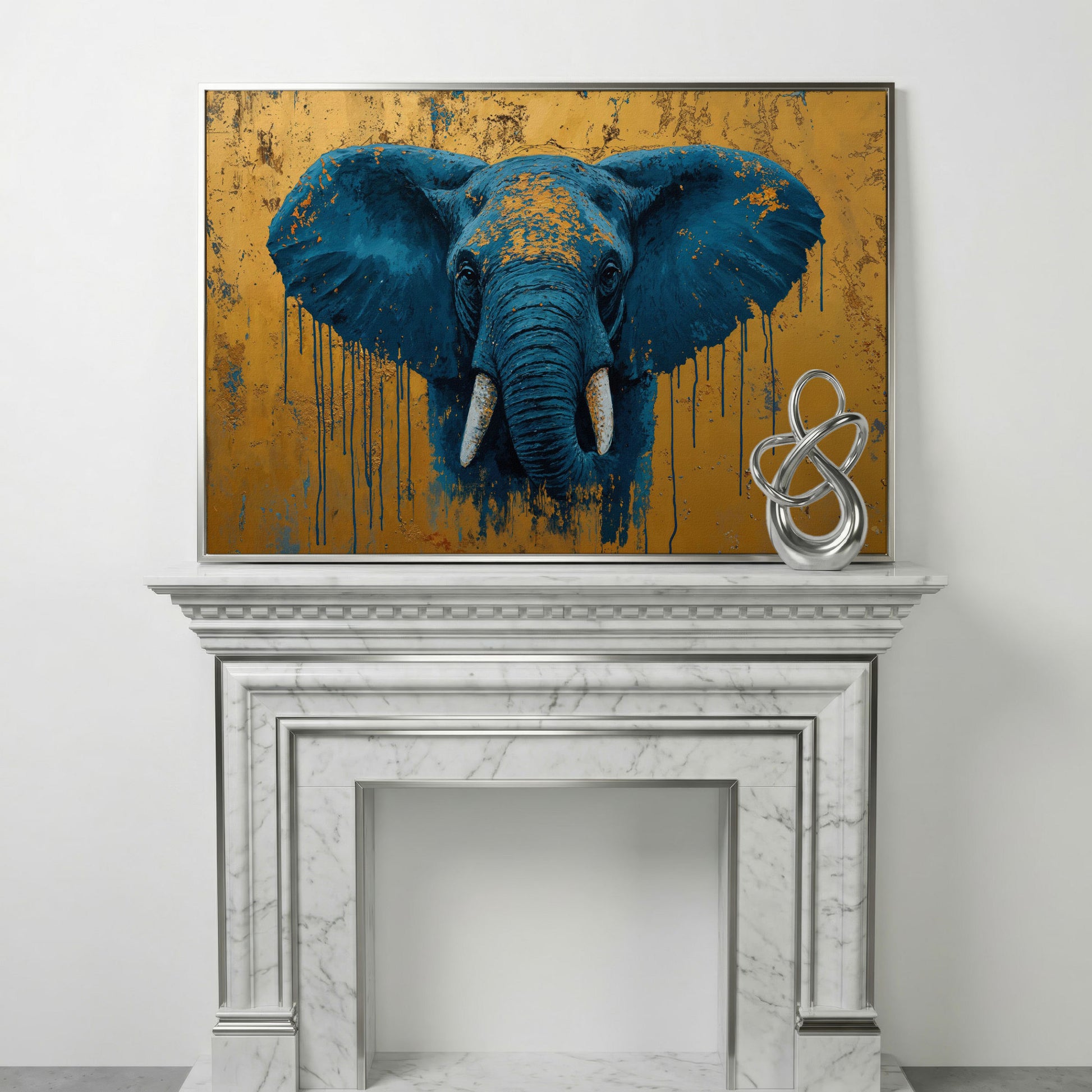 Blue Elephant Canvas Art with Drip Paint Detail in silver floating frame