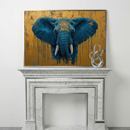 Blue Elephant Canvas Art with Drip Paint Detail in silver floating frame