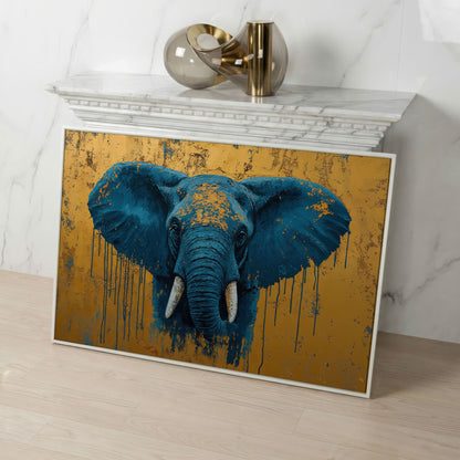 Blue Elephant Canvas Art with Drip Paint Detail in white floating frame