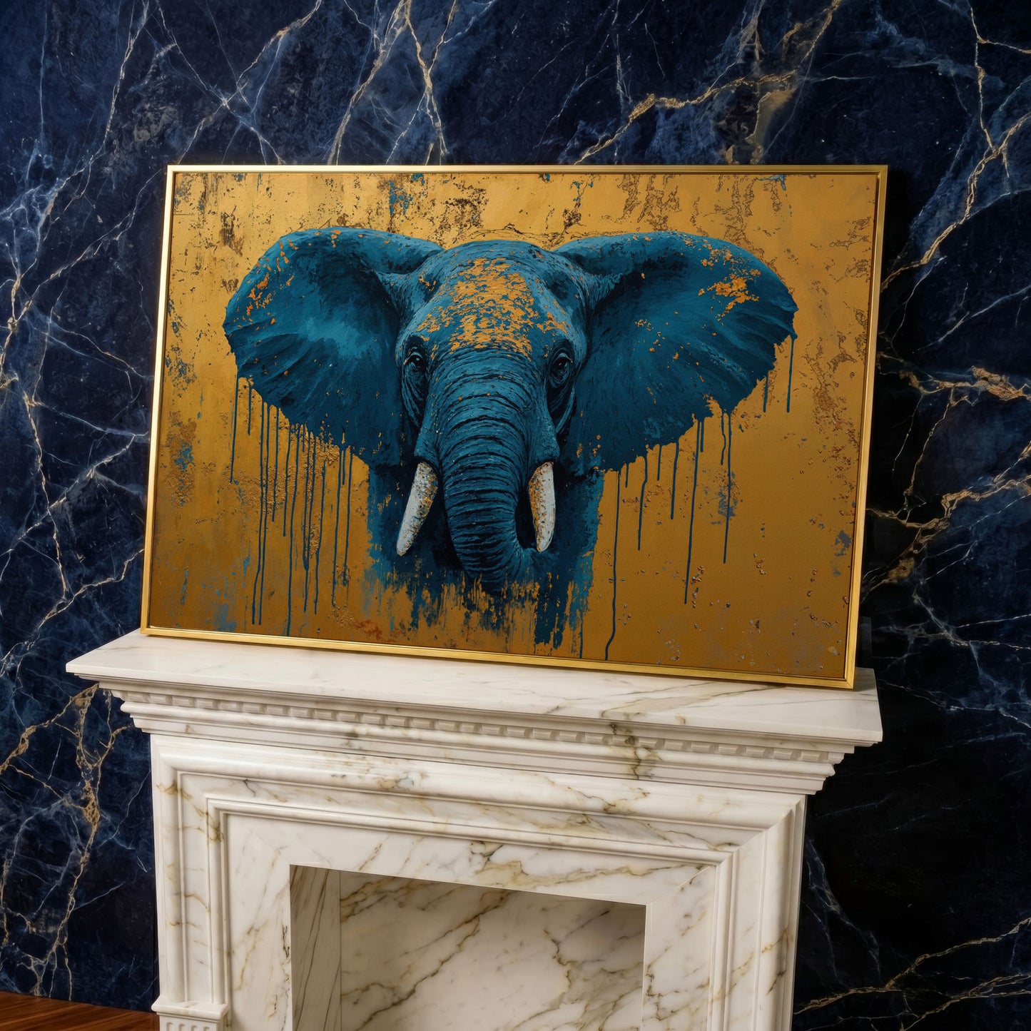 Blue Elephant Canvas Art with Drip Paint Detail in yellow gold floating frame