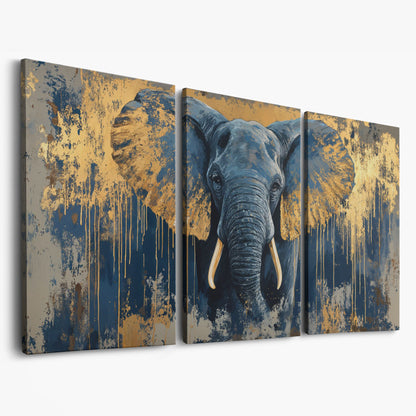 Blue and Gold Elephant Canvas Print as 3-panel split version