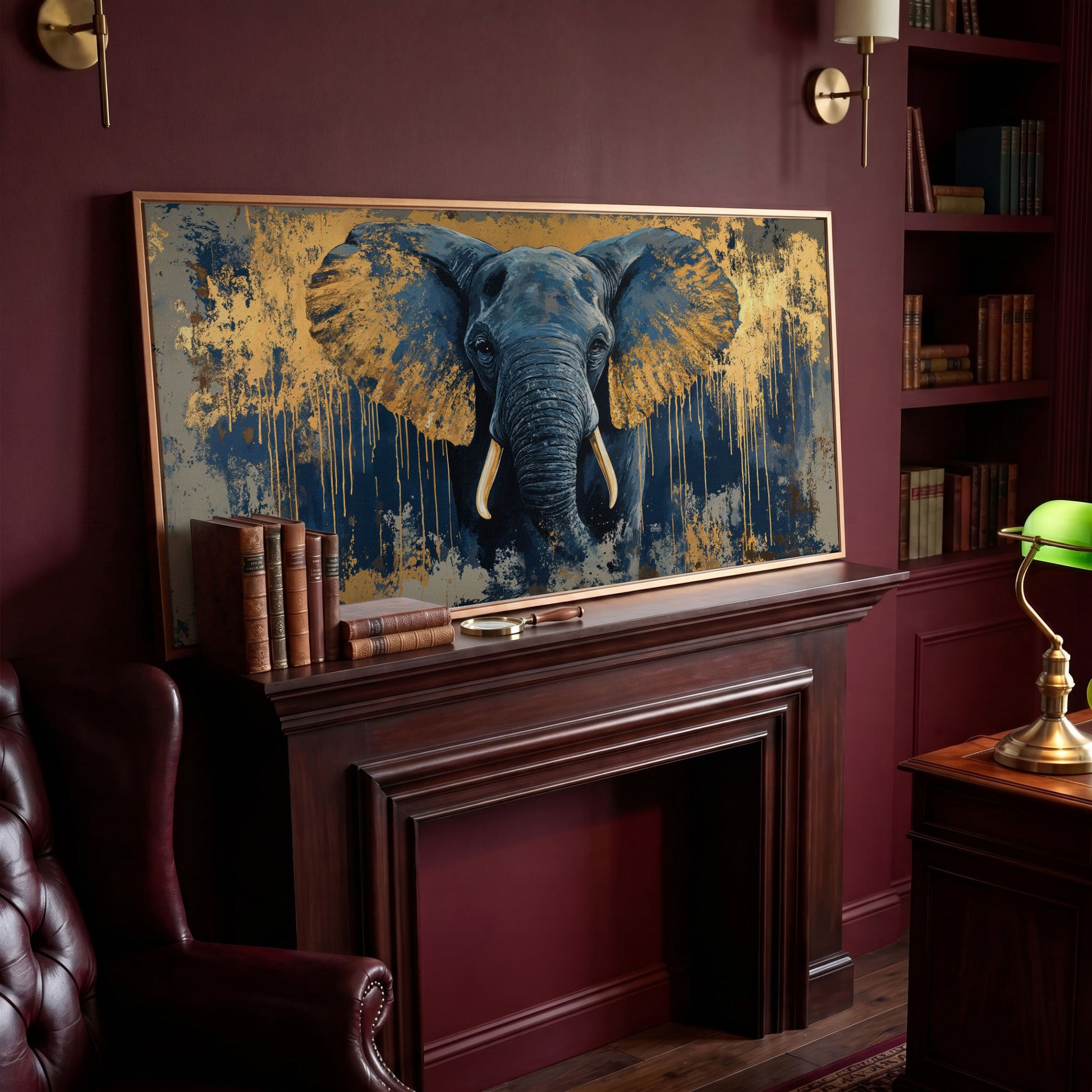 Blue and Gold Elephant Canvas Print in antique gold floating frame