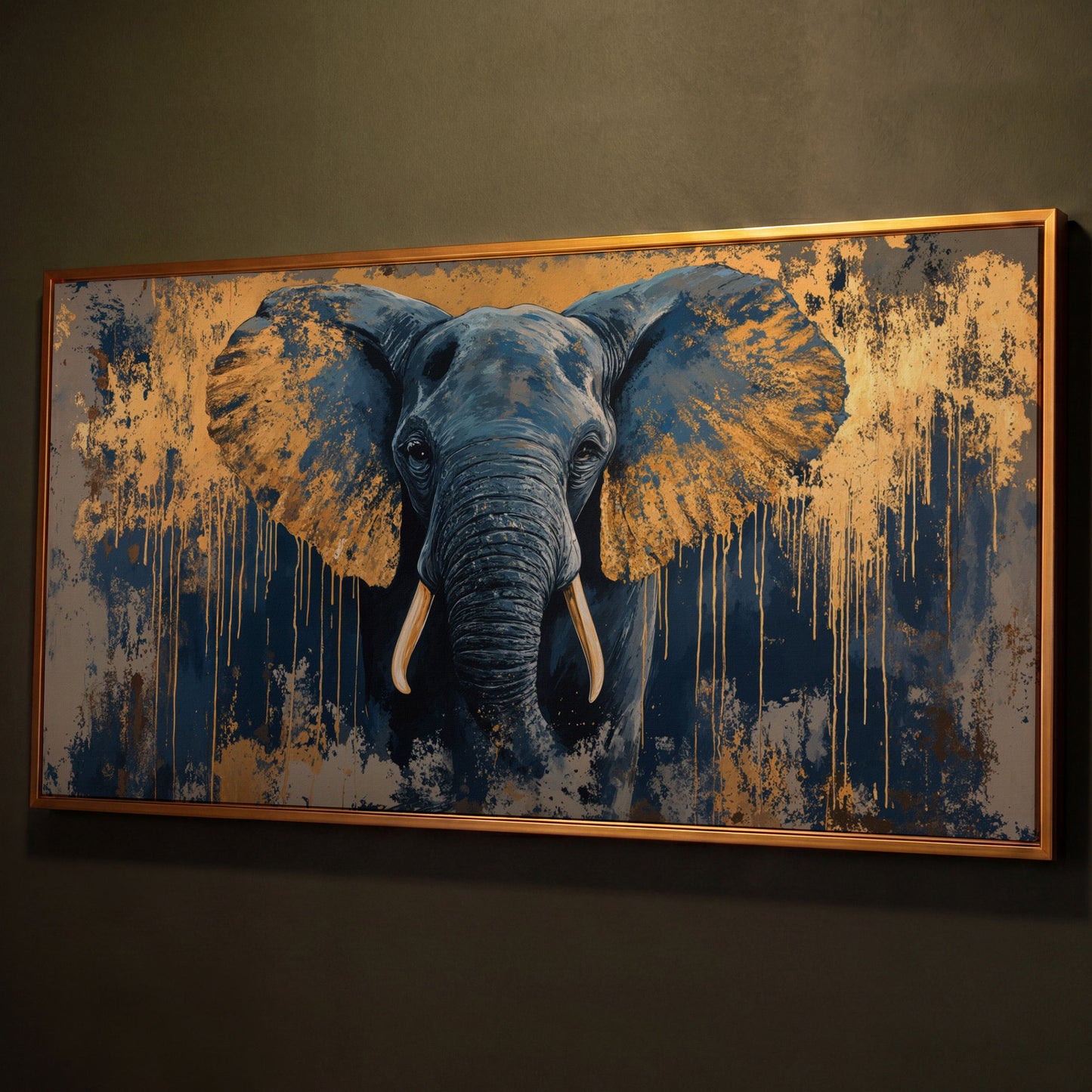 Blue and Gold Elephant Canvas Print shown in antique gold floating frame