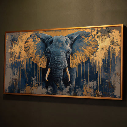 Blue and Gold Elephant Canvas Print shown in antique gold floating frame