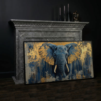 Blue and Gold Elephant Canvas Print in black floating frame