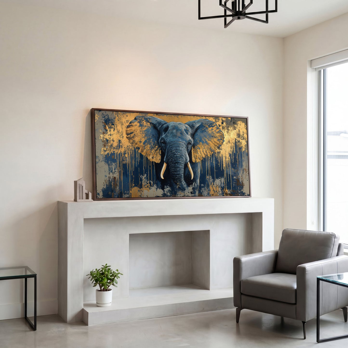 Blue and Gold Elephant Canvas Print in dark walnut floating frame