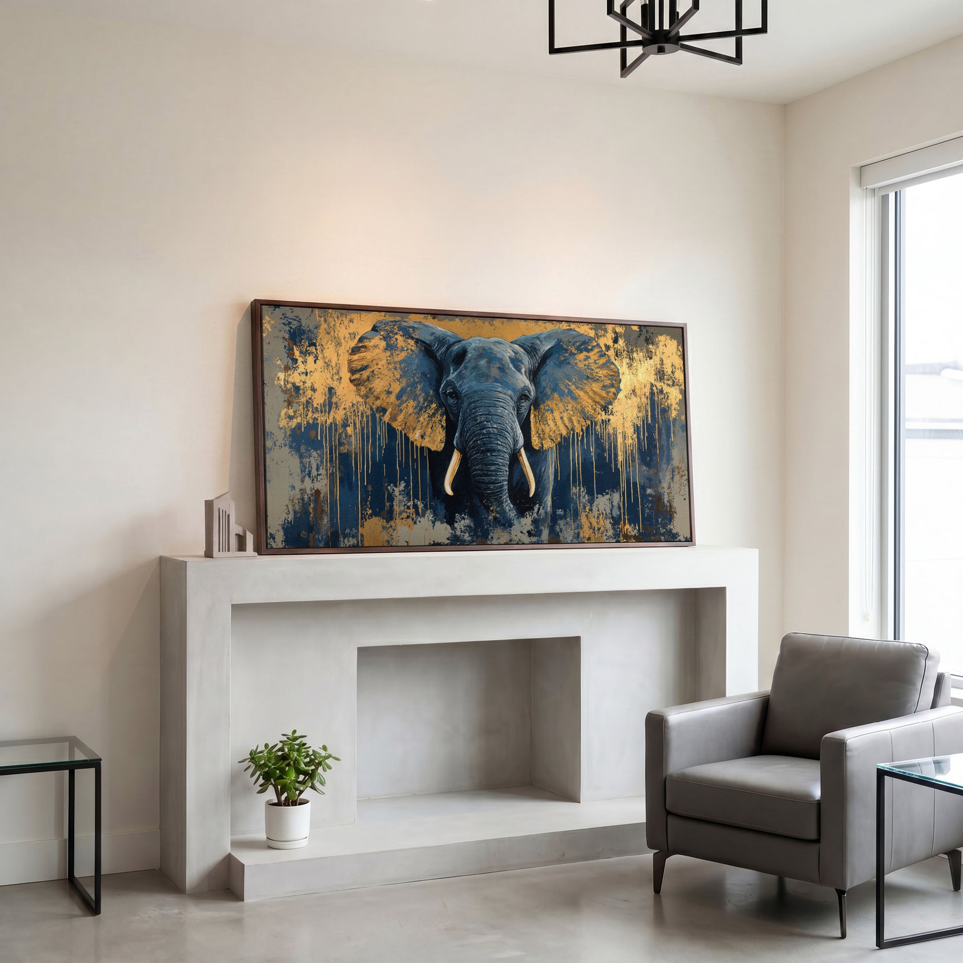 Blue and Gold Elephant Canvas Print in dark walnut floating frame