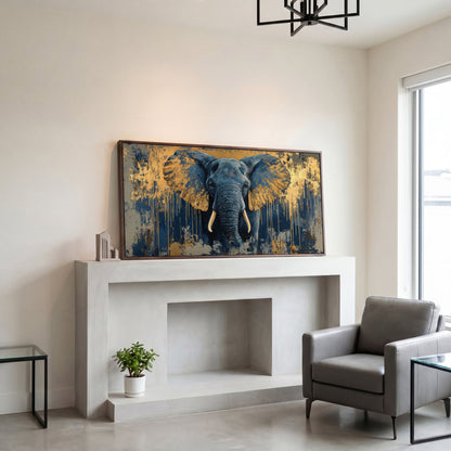 Blue and Gold Elephant Canvas Print in dark walnut floating frame