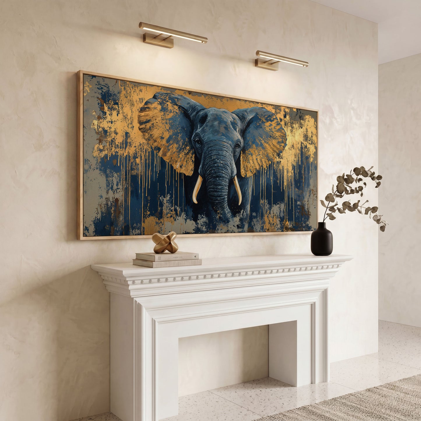 Blue and Gold Elephant Canvas Print in white oak floating frame
