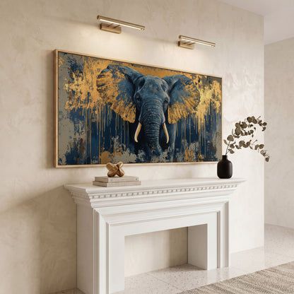 Blue and Gold Elephant Canvas Print in white oak floating frame