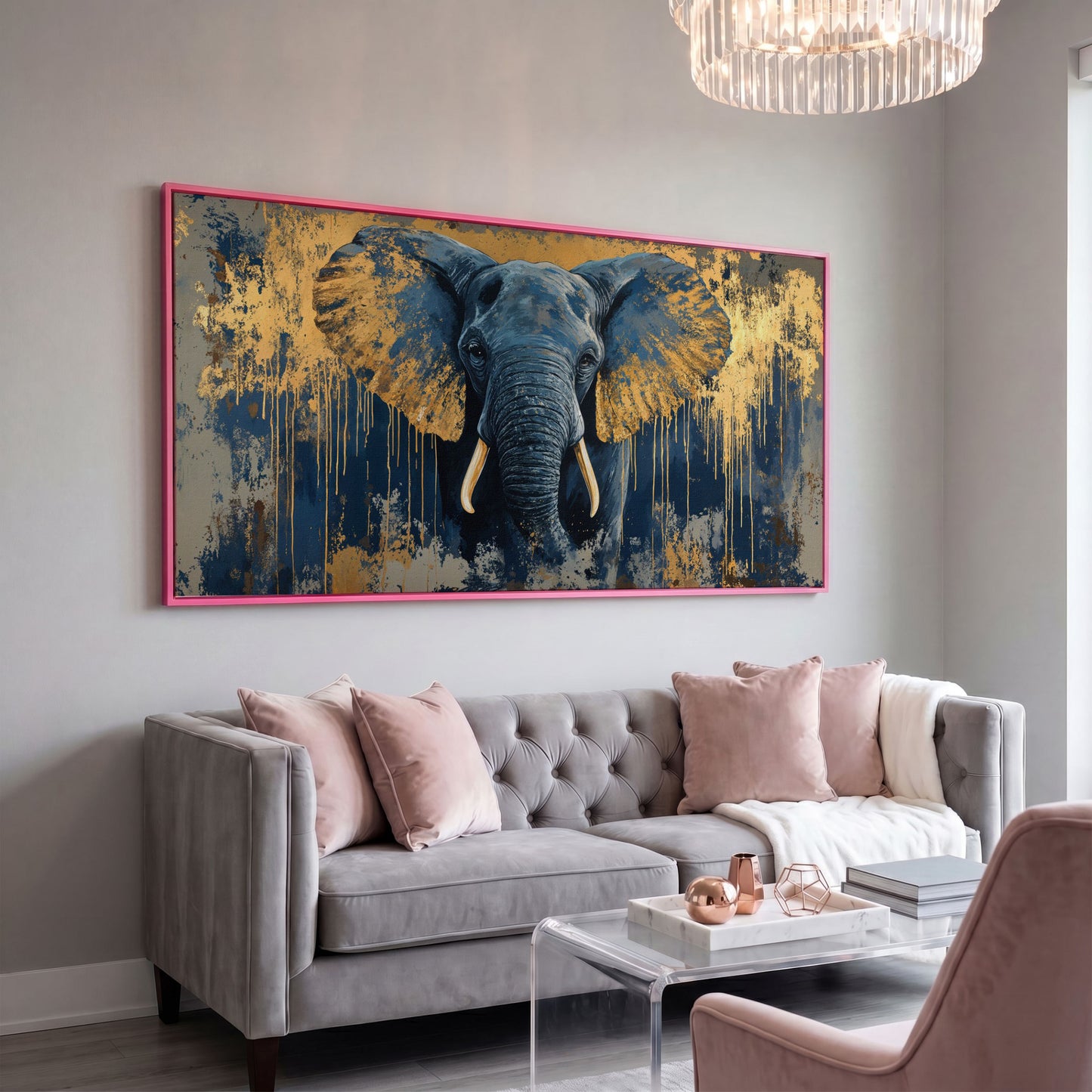 Blue and Gold Elephant Canvas Print in pink floating frame