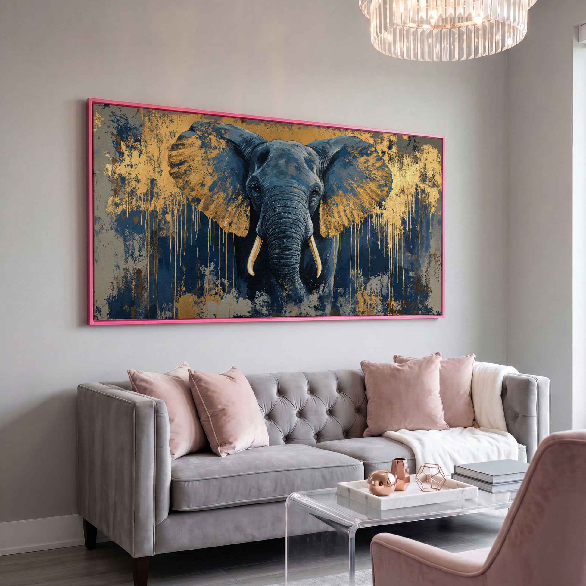 Blue and Gold Elephant Canvas Print in pink floating frame