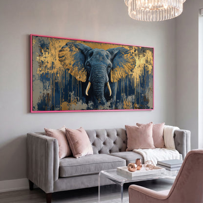 Blue and Gold Elephant Canvas Print in pink floating frame