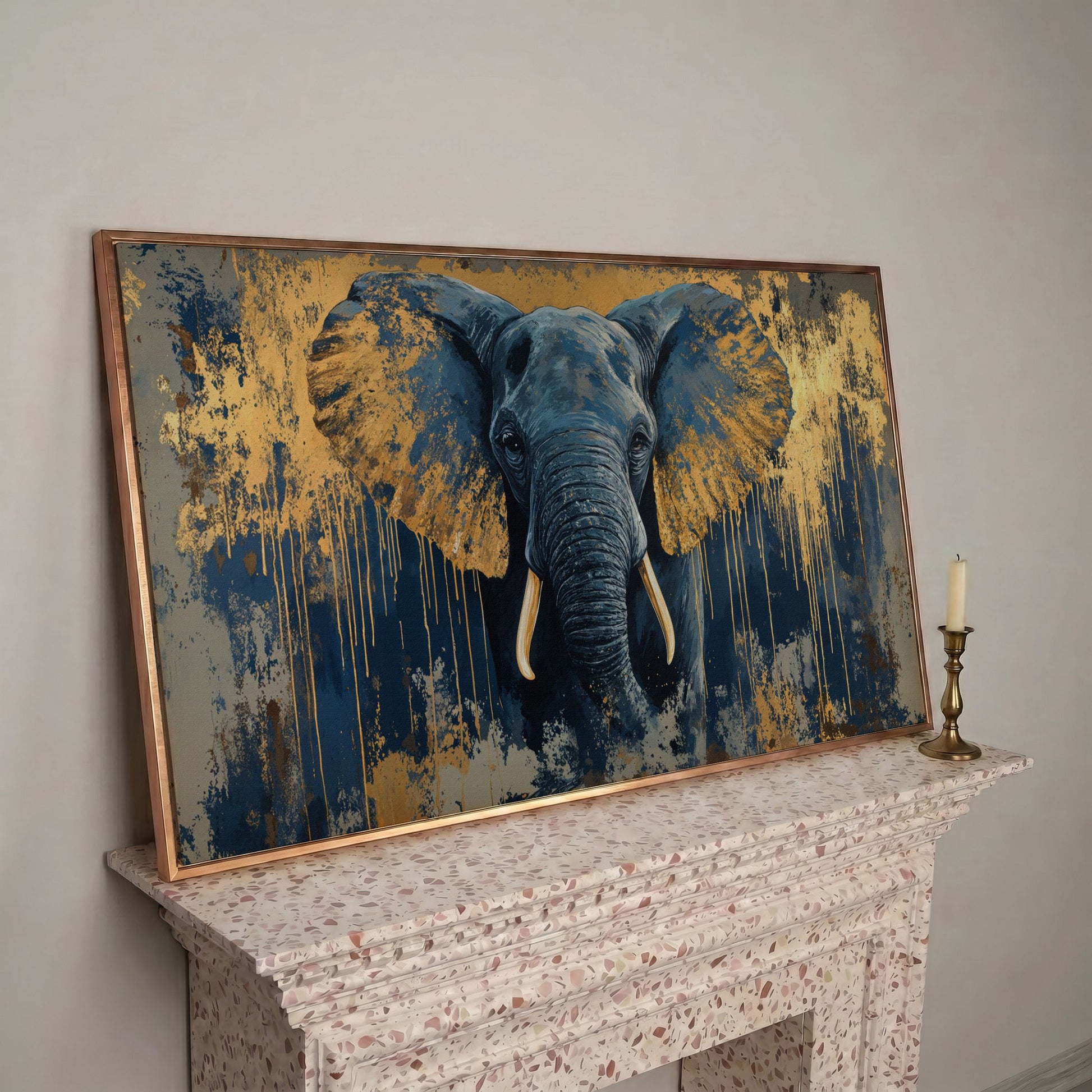 Blue and Gold Elephant Canvas Print in rose gold floating frame