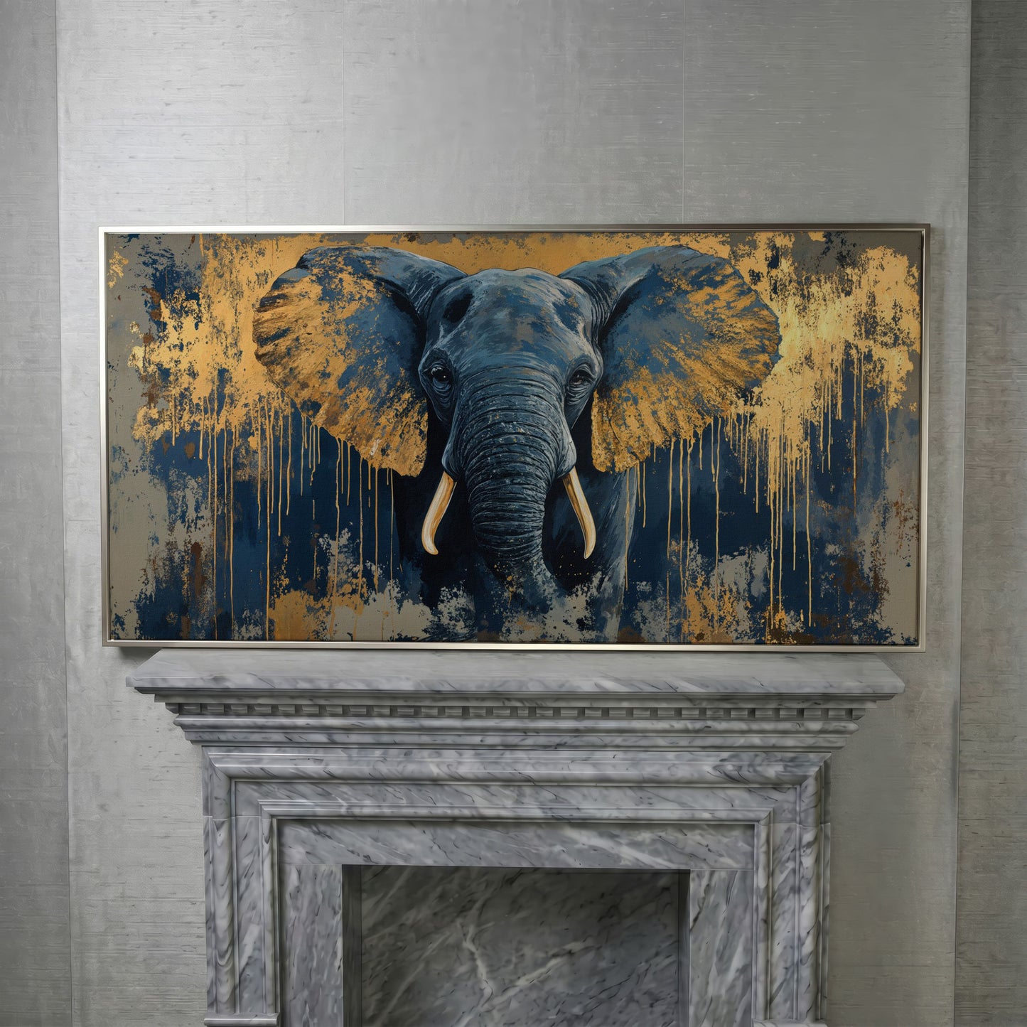 Blue and Gold Elephant Canvas Print in silver floating frame