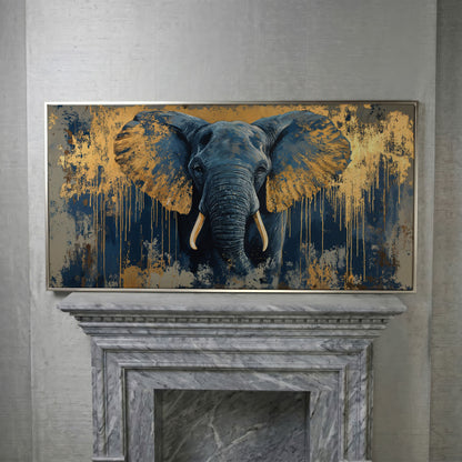 Blue and Gold Elephant Canvas Print in silver floating frame