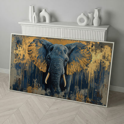 Blue and Gold Elephant Canvas Print in white floating frame