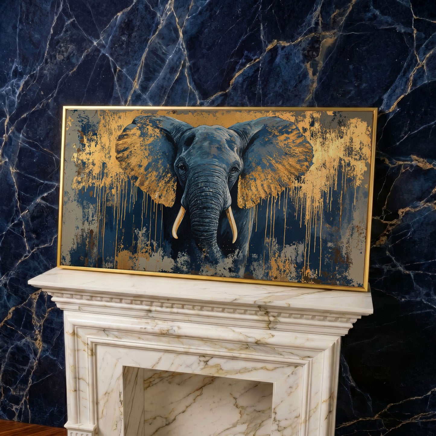 Blue and Gold Elephant Canvas Print in yellow gold floating frame