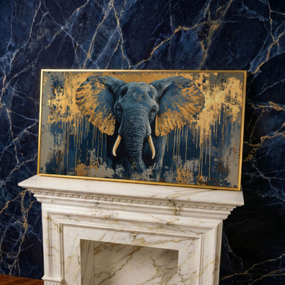 Blue and Gold Elephant Canvas Print in yellow gold floating frame