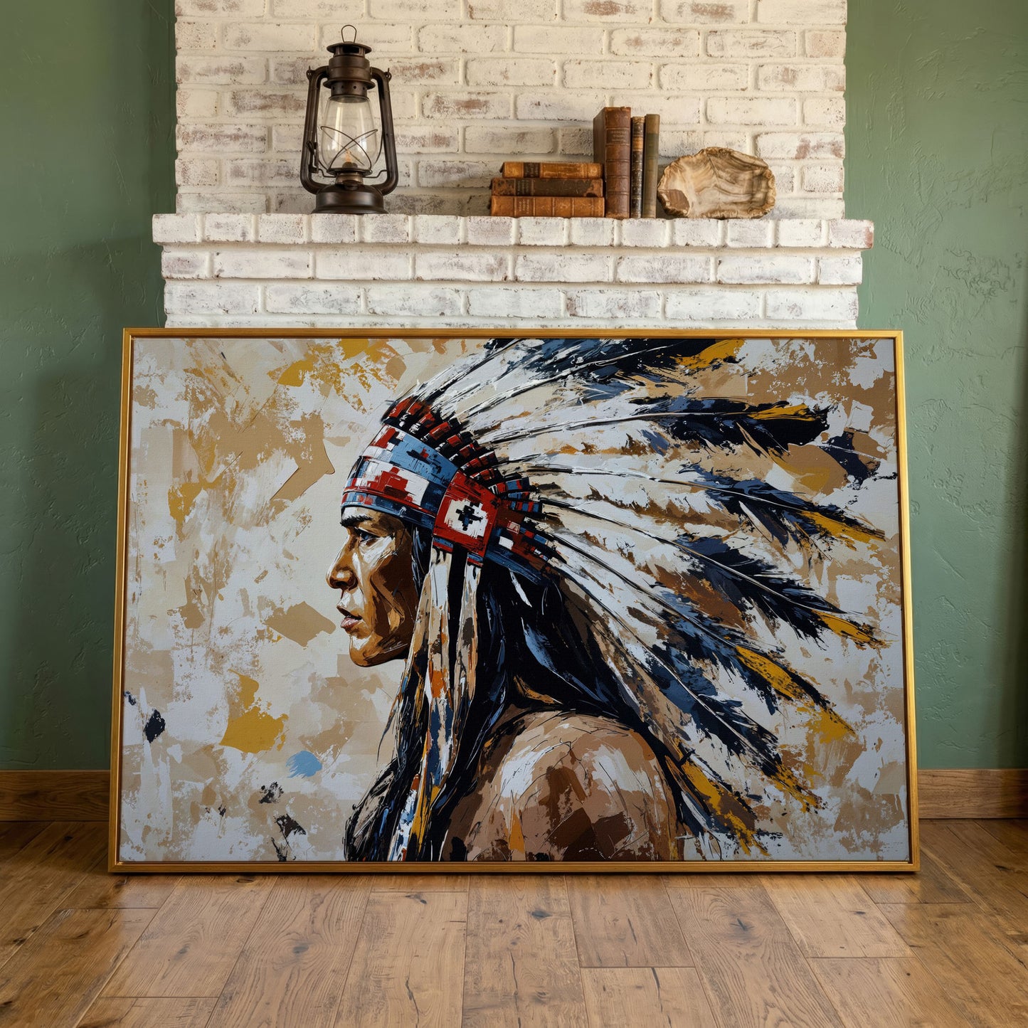 Native American Headdress Canvas in antique gold floating frame