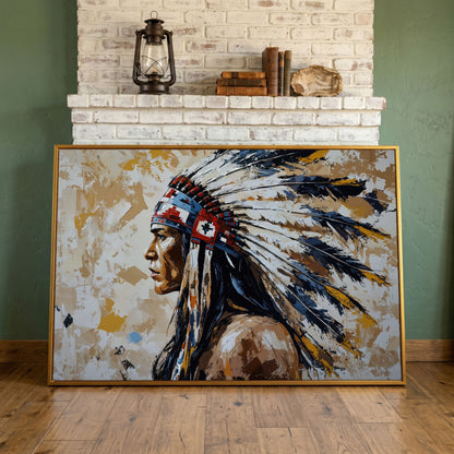 Native American Headdress Canvas in antique gold floating frame