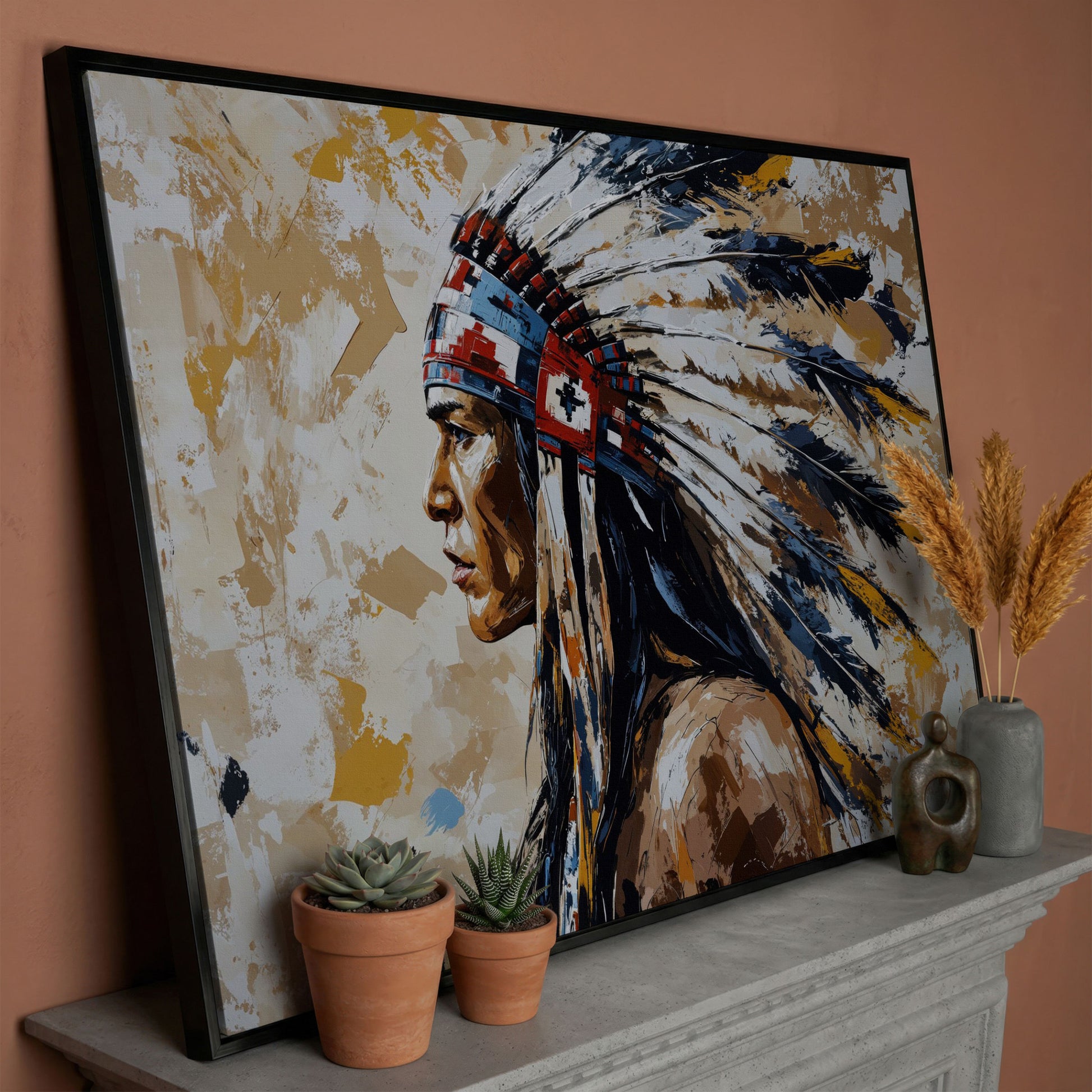 Native American Headdress Canvas in black floating frame