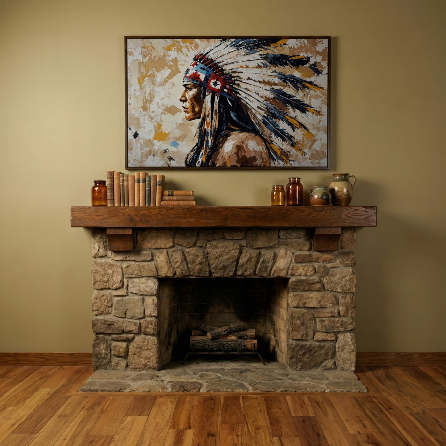 Native American Headdress Canvas in dark walnut floating frame