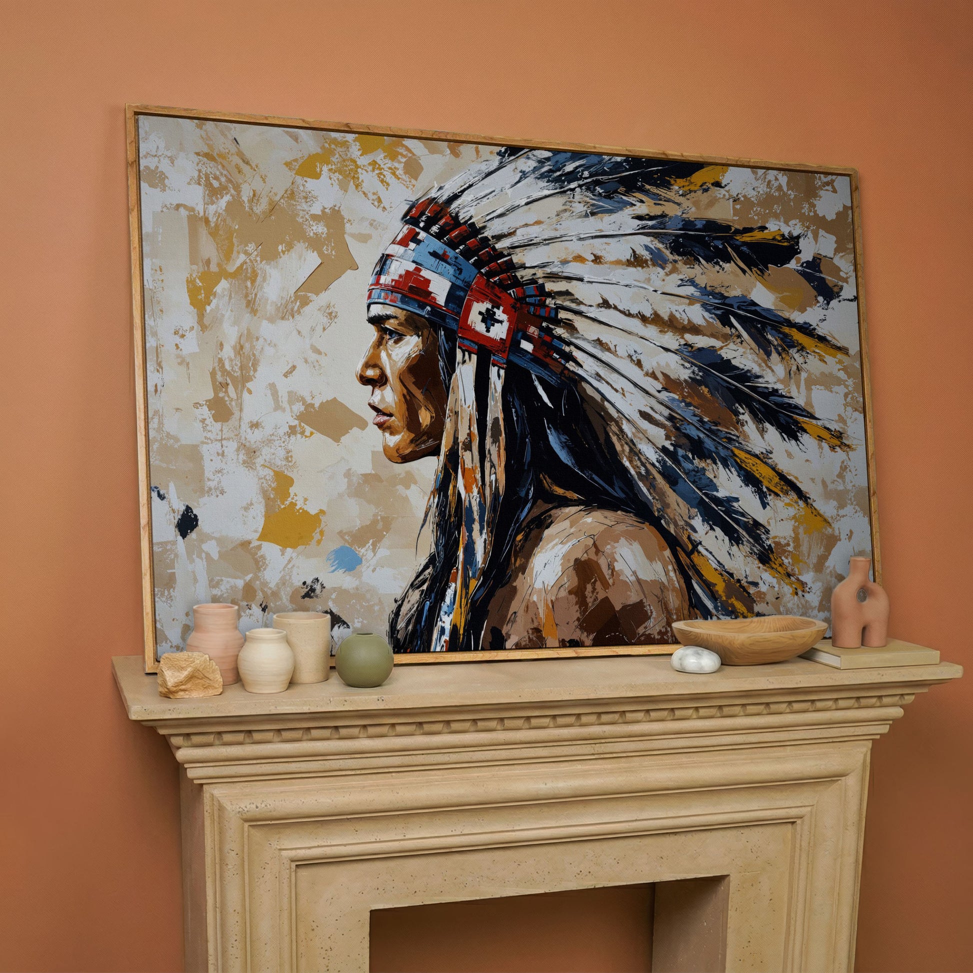 Native American Headdress Canvas in white oak floating frame