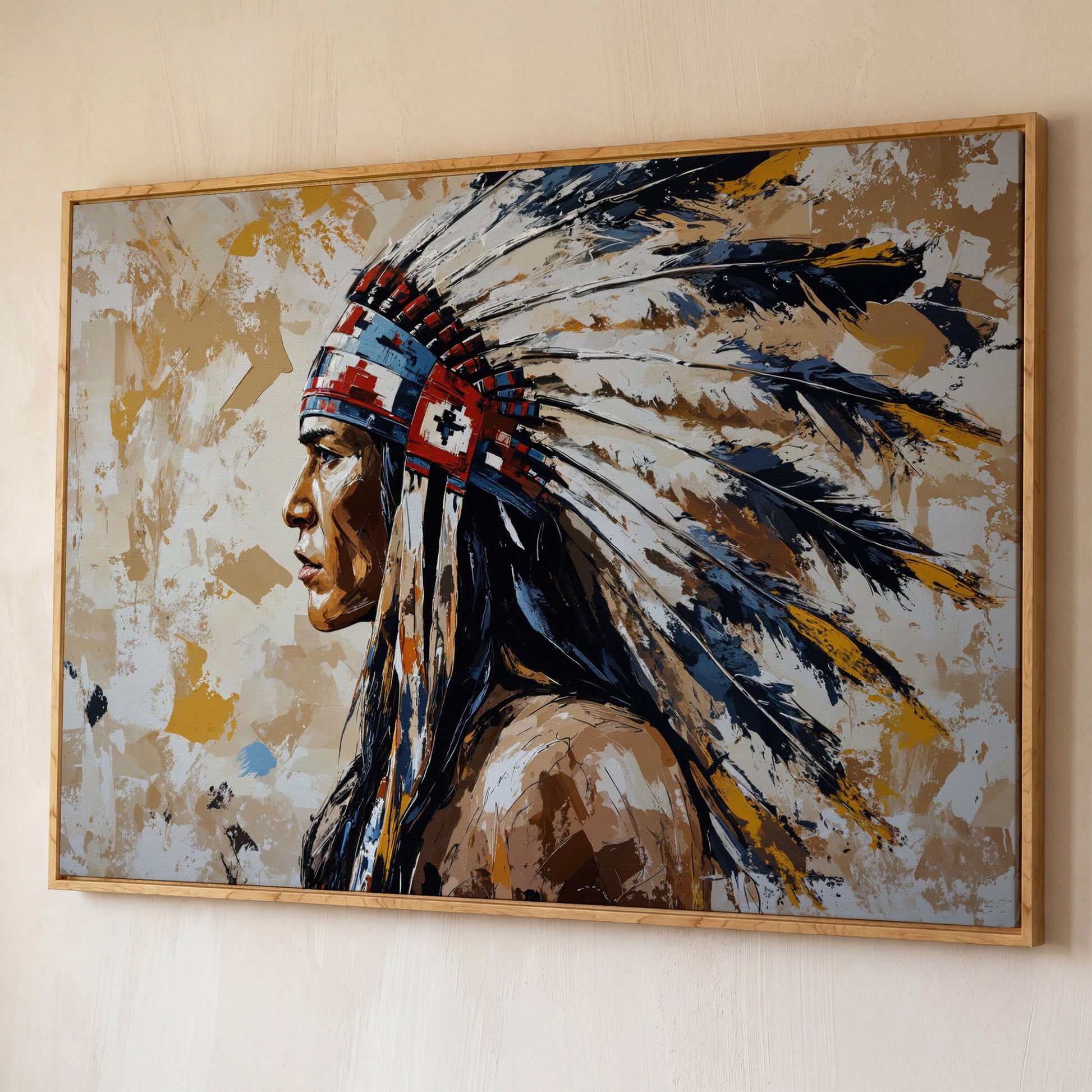 Native American Headdress Canvas shown in white oak floating frame