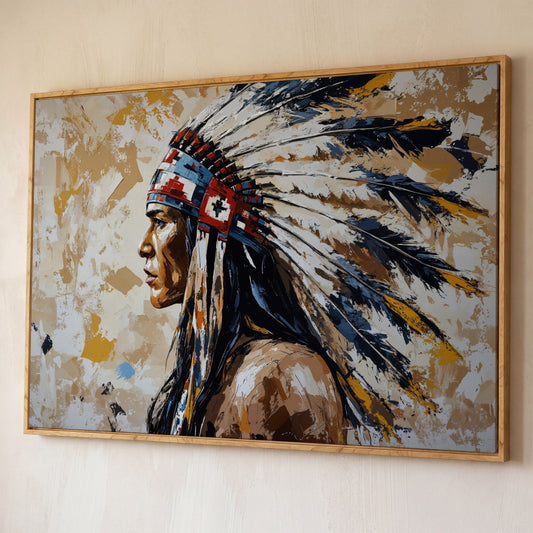 Native American Headdress Canvas shown in white oak floating frame