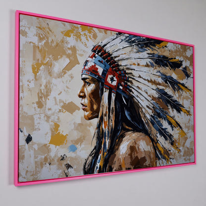 Native American Headdress Canvas in pink floating frame
