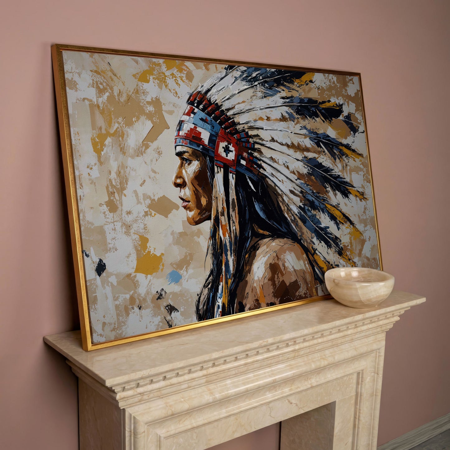Native American Headdress Canvas in rose gold floating frame