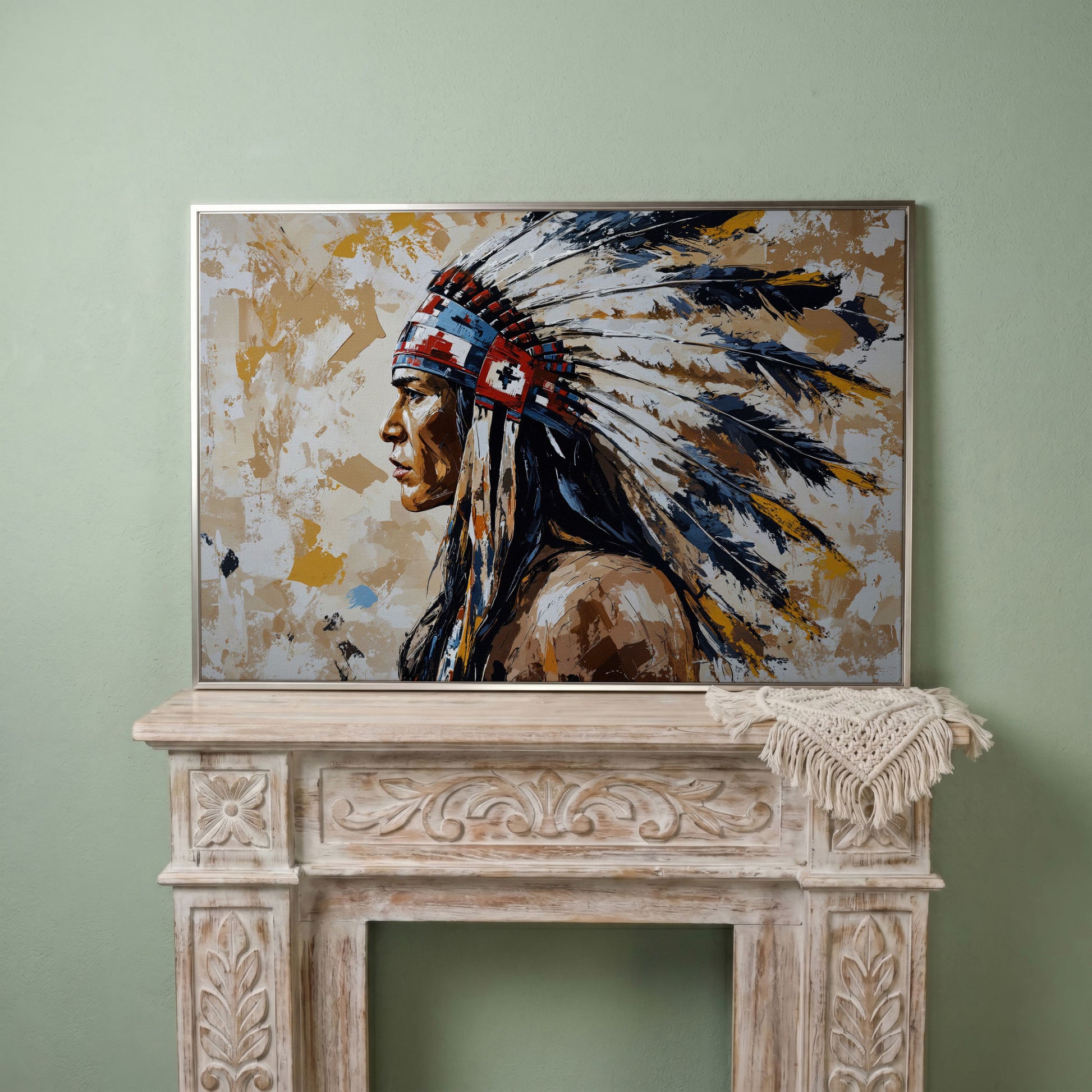 Native American Headdress Canvas in silver floating frame