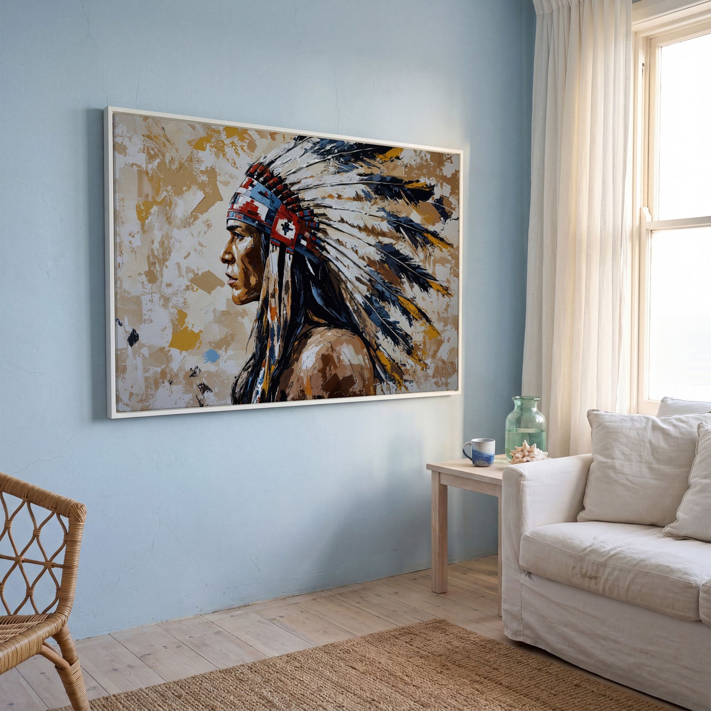 Native American Headdress Canvas in white floating frame