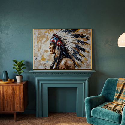 Native American Headdress Canvas in yellow gold floating frame