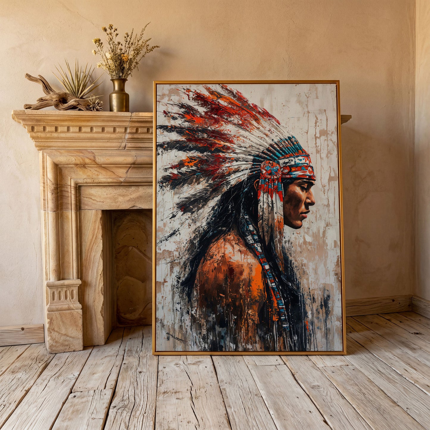 Native American Warrior Canvas with Tribal Headdress in antique gold floating frame
