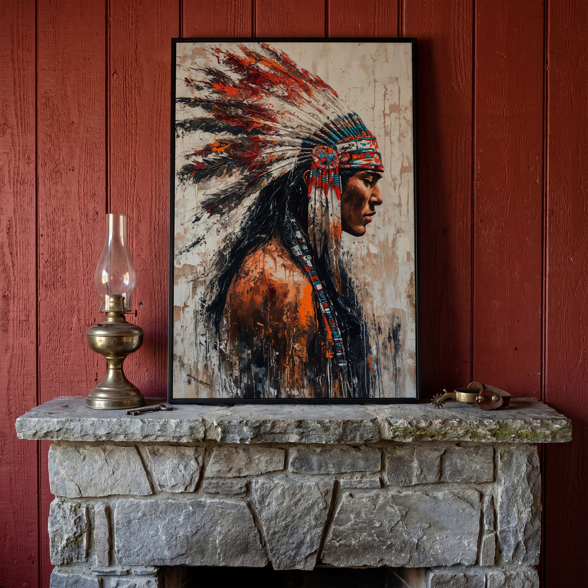 Native American Warrior Canvas with Tribal Headdress in black floating frame