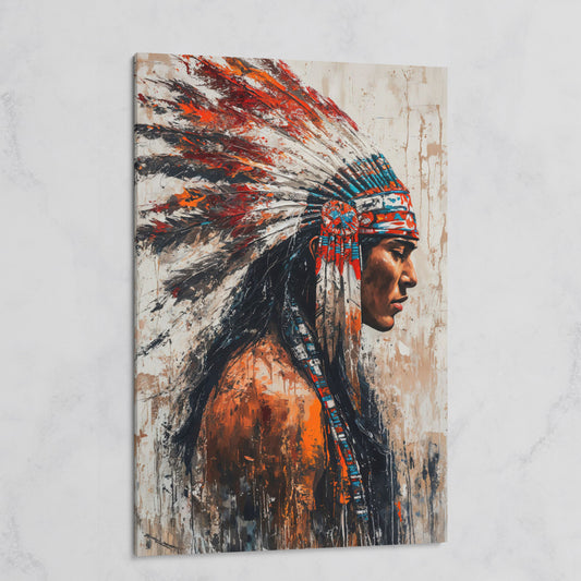 Native American Warrior Canvas with Tribal Headdress on gallery wrap