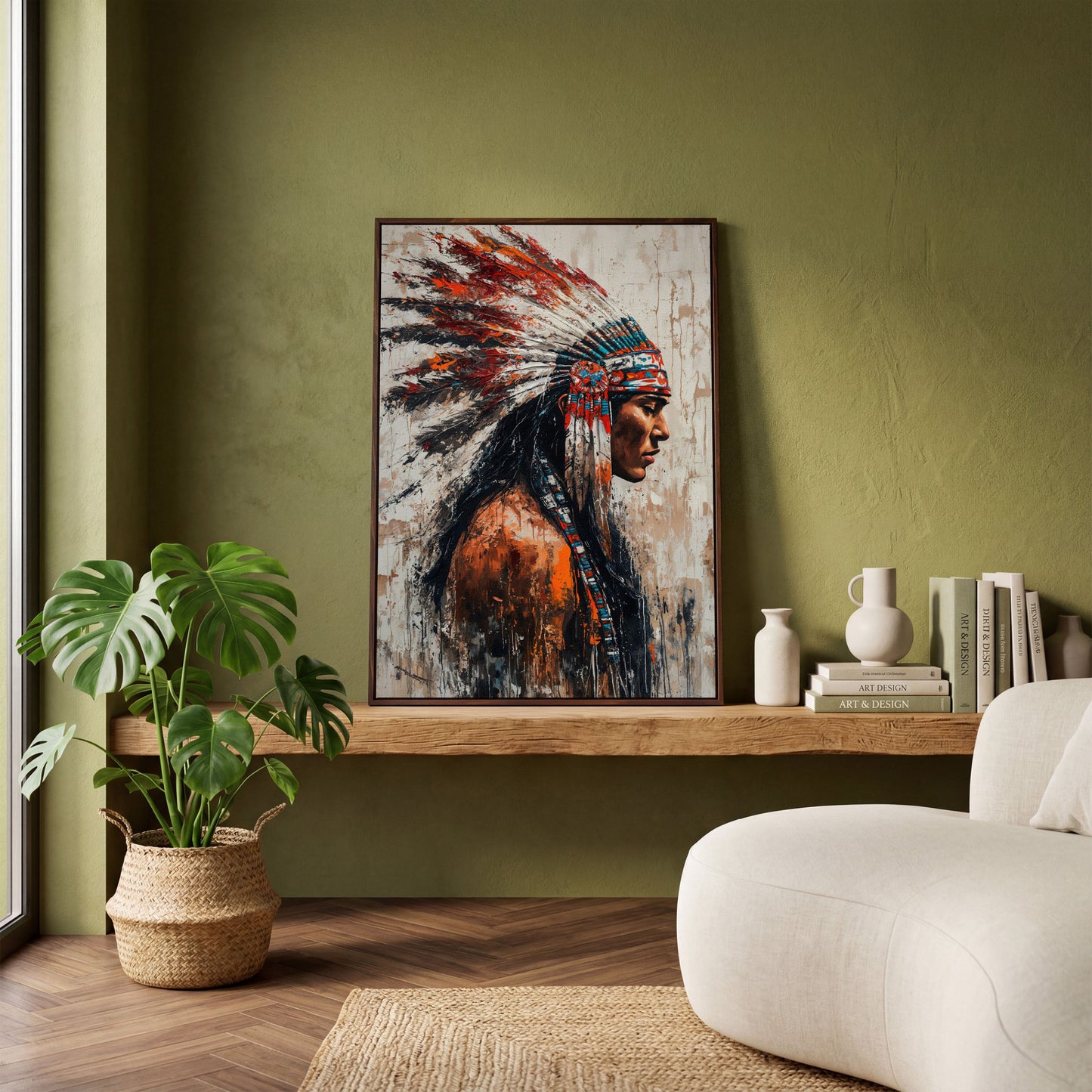 Native American Warrior Canvas with Tribal Headdress in dark walnut floating frame