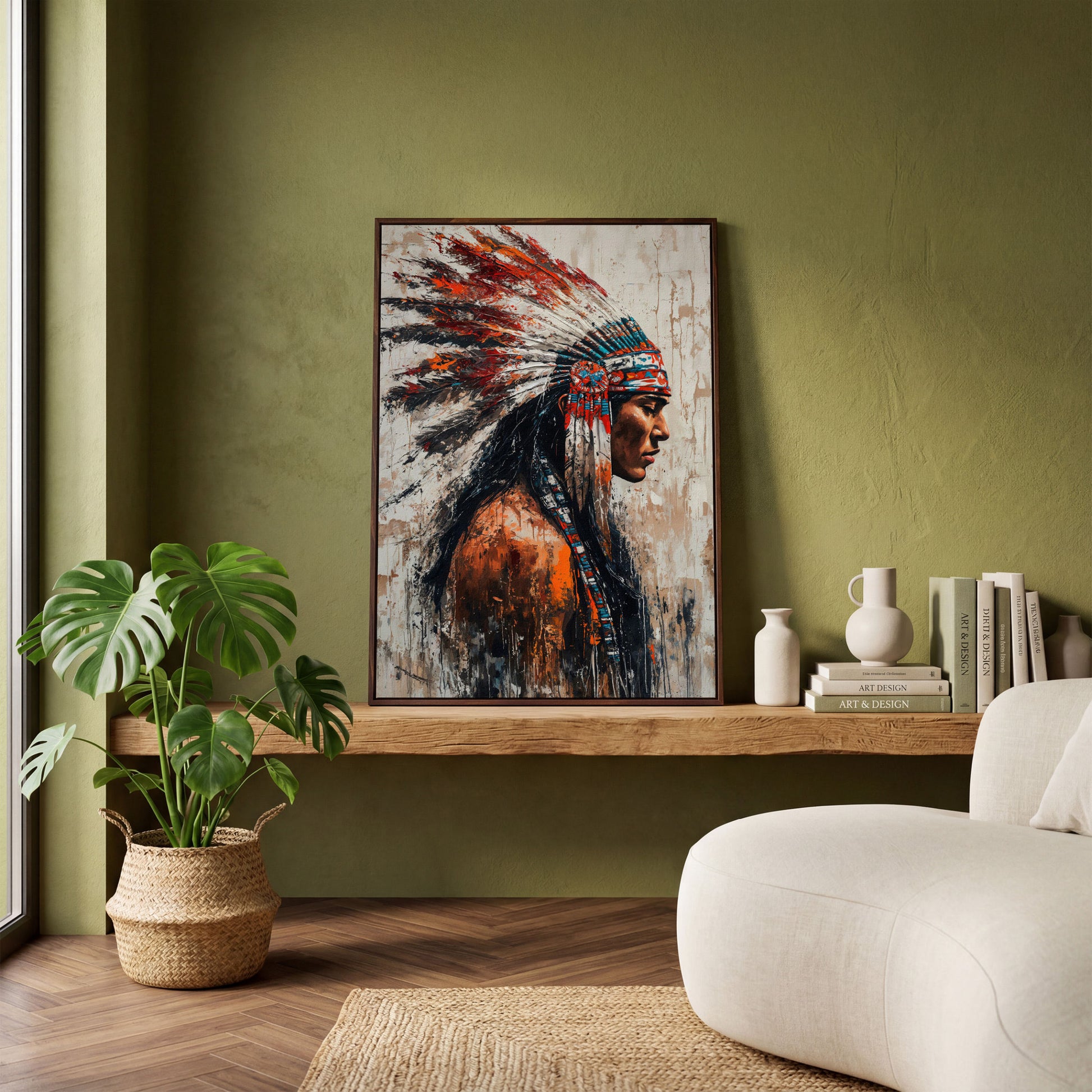 Native American Warrior Canvas with Tribal Headdress in dark walnut floating frame