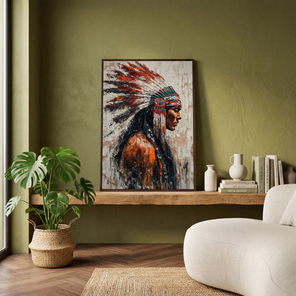 Native American Warrior Canvas with Tribal Headdress in dark walnut floating frame