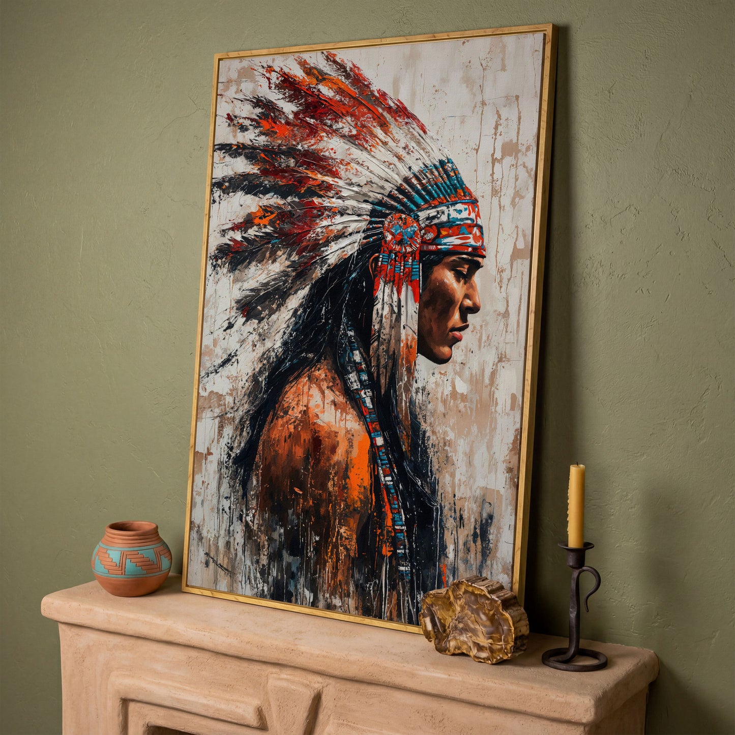 Native American Warrior Canvas with Tribal Headdress in white oak floating frame