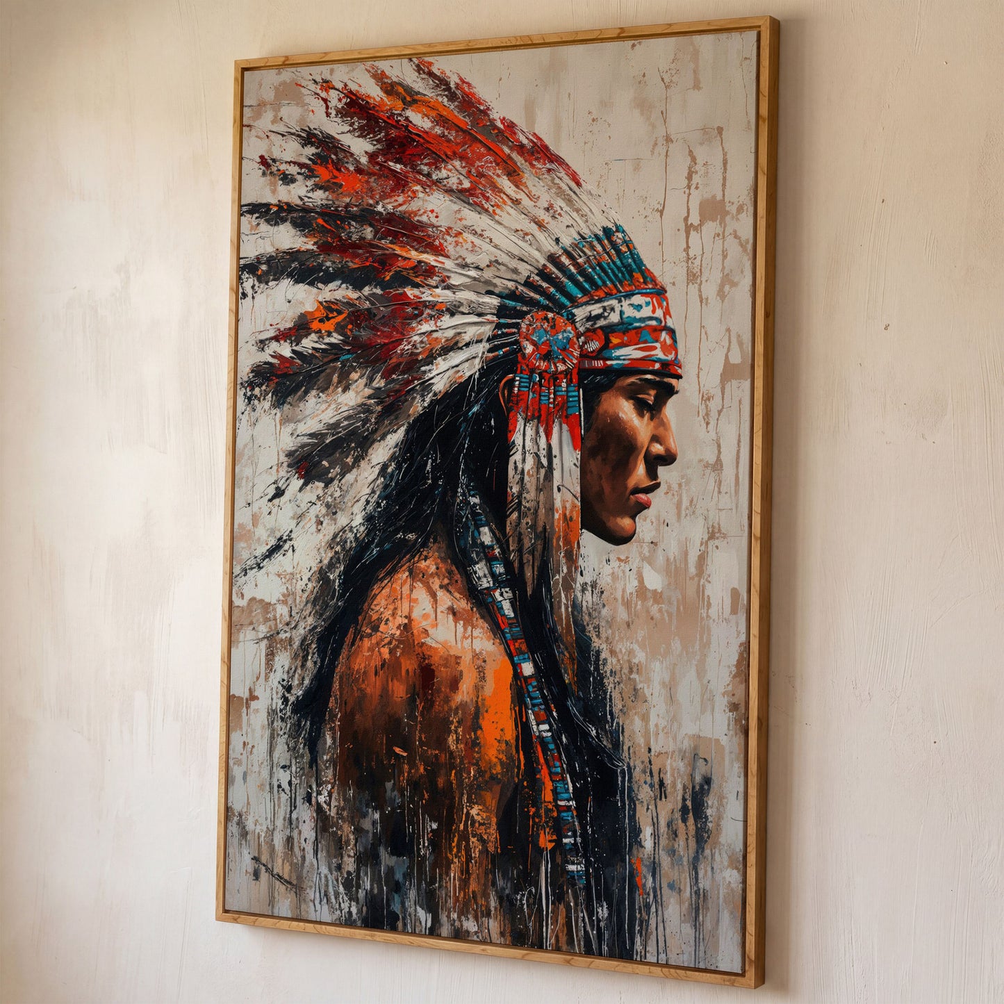 Native American Warrior Canvas with Tribal Headdress shown in white oak floating frame